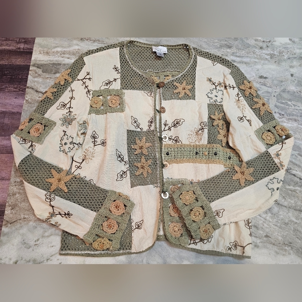 Gunit Fashions Boho Patchwork Crochet Embroidered Jacket Women’s Size 12 100% Co